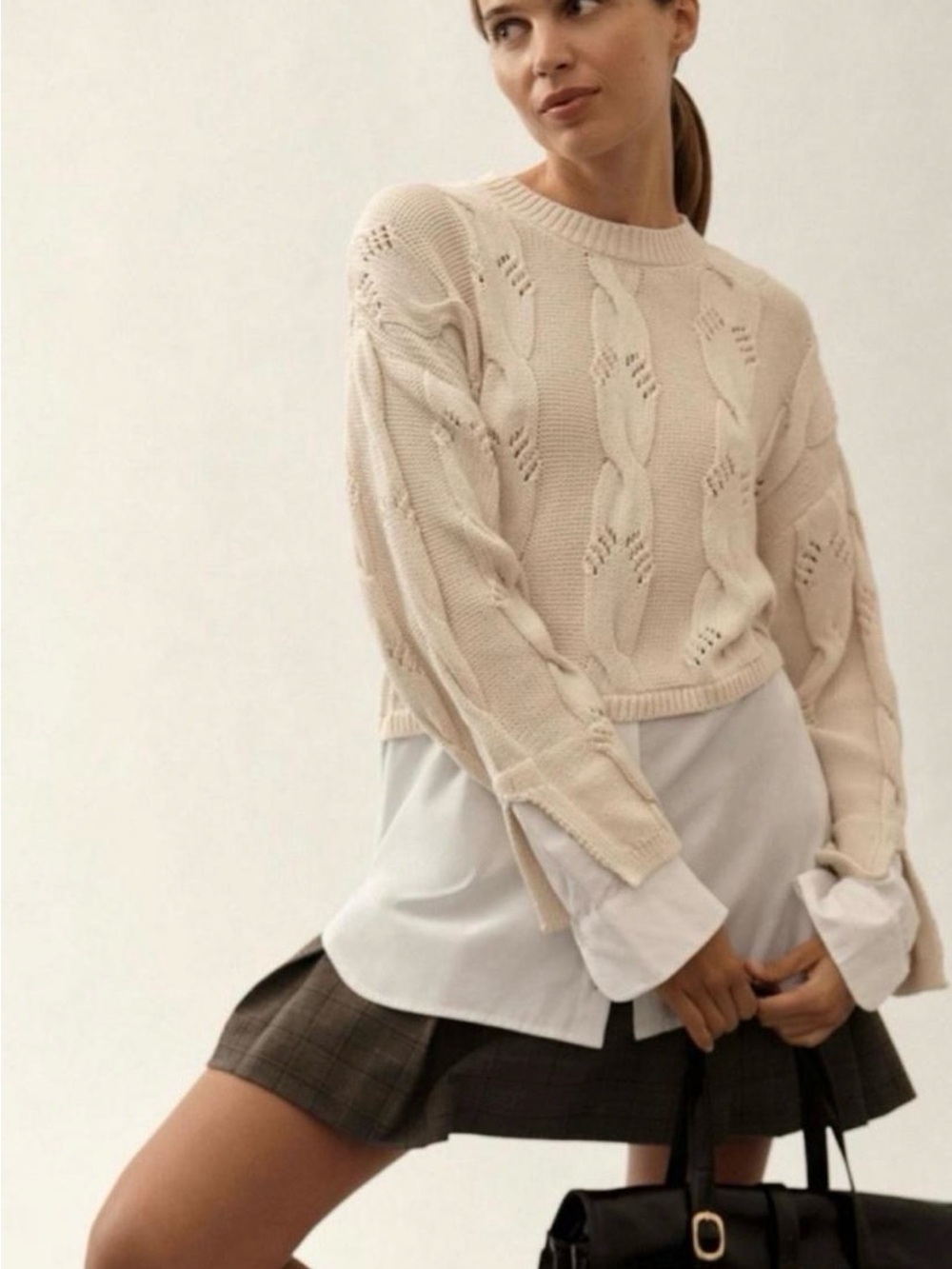 Pilcro Cream Cable Knit Cropped Crew Sweater